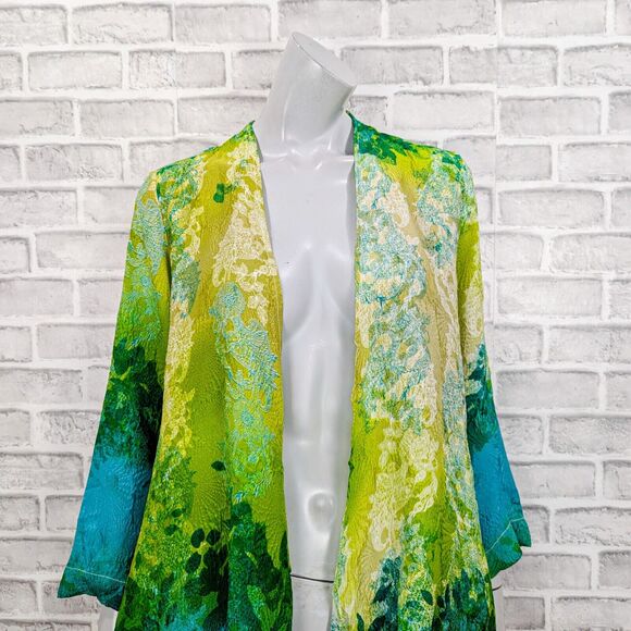 CITRON Santa Monica Women's 100% Silk long Kimono open blouse Green floral sz M - Picture 6 of 8